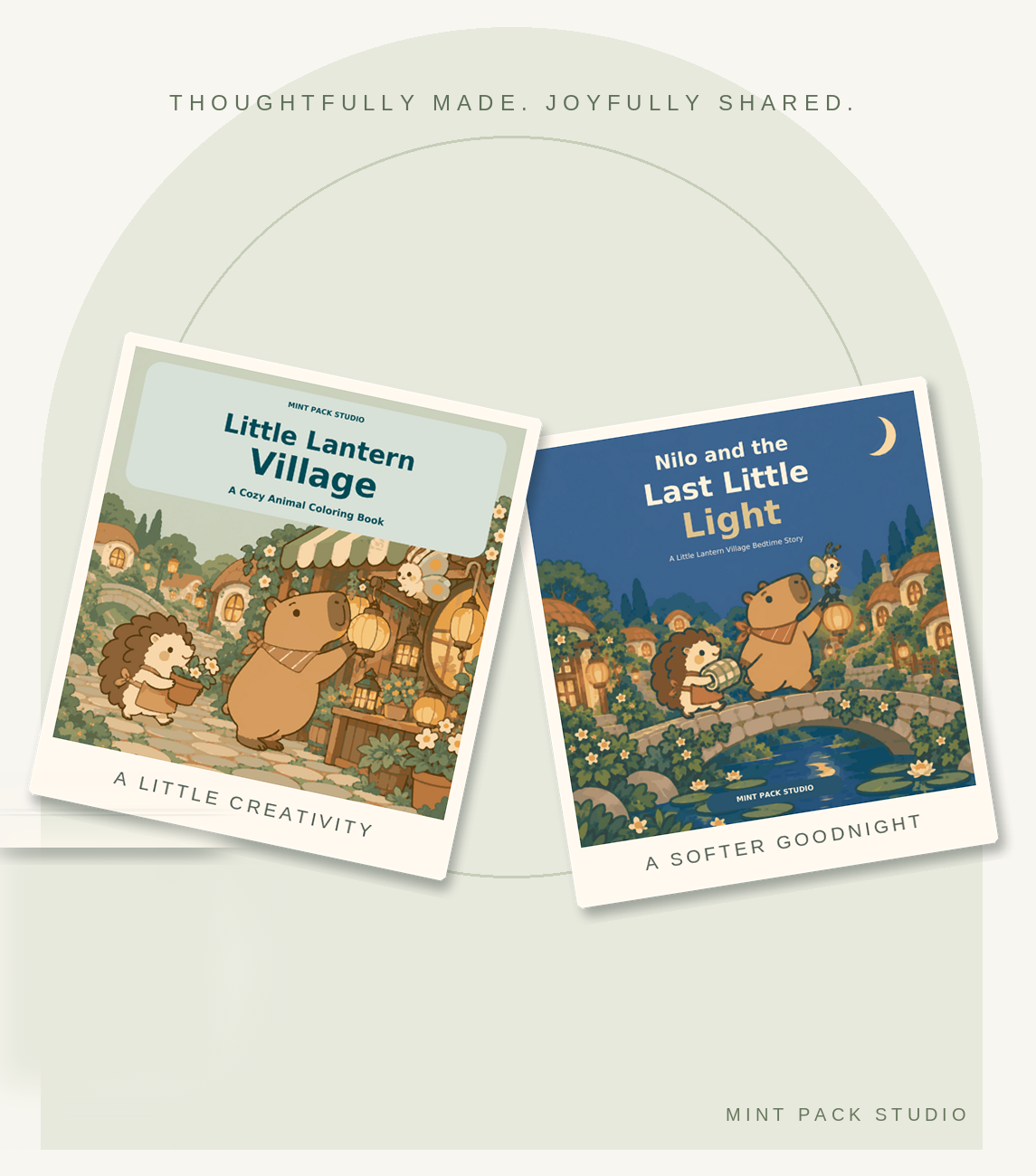 The two Little Lantern Village book covers, the coloring book and the Nilo bedtime story, standing on an arched sage stage